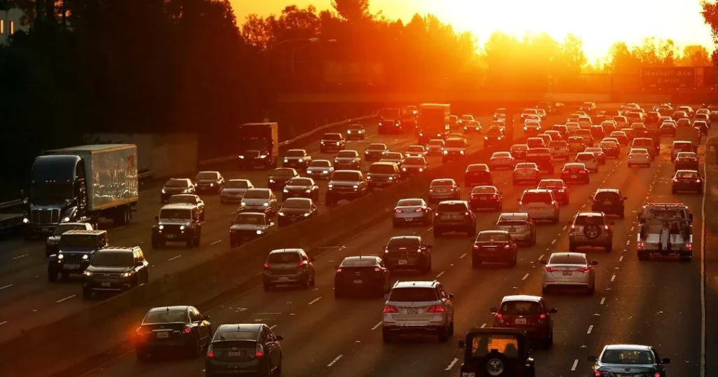 Traffic-packed Los Angeles highway during summer, highlighting the difficulty of moving during peak season