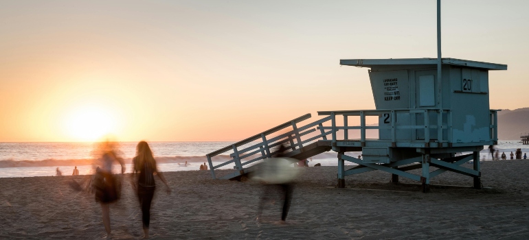 A beach in Santa Monica at sunset.