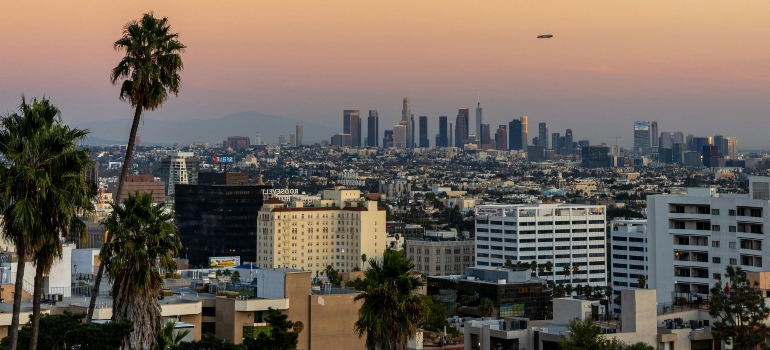 Aerial view of Los Angeles skyline, located near Calabasas, California