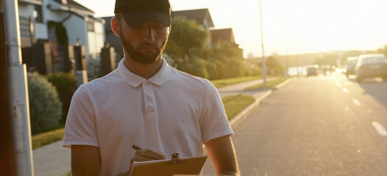 Mover writing on a clipboard beside a van, representing reliable specialty movers near me.