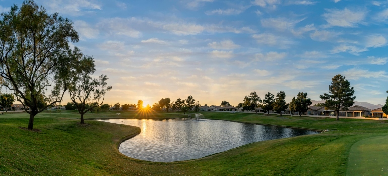 Tarzana park with green trees and walking paths, ideal for relocation and outdoor activities.
